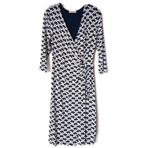 Faux Wrap Dress Jersey Navy White Print 3/4 sleeve (L)
